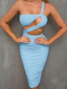 單肩鏤空褶邊緊身連衣裙 - 淺藍色 - 查看 8