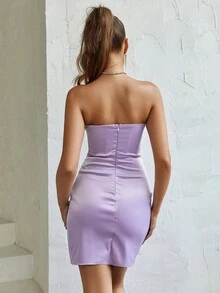 PARTHEA Vestido ajustado tubo deshuesado fruncido bajo con abertura de satén - Morado - Ver 2