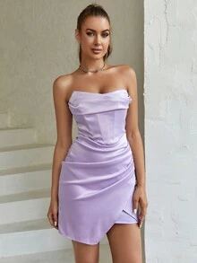 PARTHEA Vestido ajustado tubo deshuesado fruncido bajo con abertura de satén - Morado - Ver 4