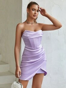 PARTHEA Vestido ajustado tubo deshuesado fruncido bajo con abertura de satén - Morado - Ver 5
