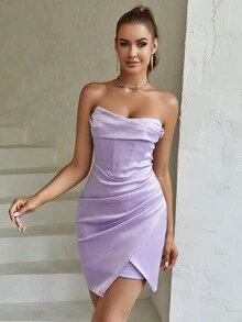 PARTHEA Vestido ajustado tubo deshuesado fruncido bajo con abertura de satén - Morado - Ver 6