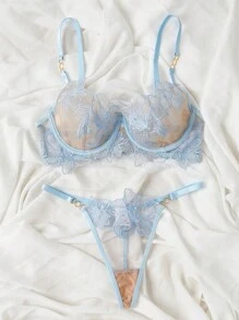 Floral Embroidery Mesh Underwire Lingerie Set - Baby Blue - View 1