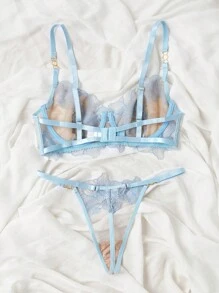 Floral Embroidery Mesh Underwire Lingerie Set - Baby Blue - View 2