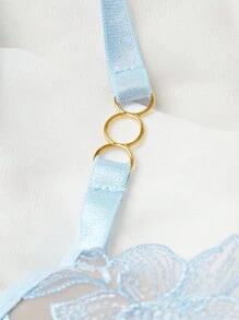 Floral Embroidery Mesh Underwire Lingerie Set - Baby Blue - View 4
