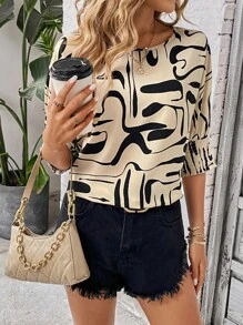 SHEIN Clasi 滿版印花抽褶細節襯衫 - 杏色 - 查看 1