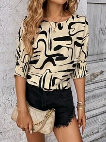 SHEIN Clasi 滿版印花抽褶細節襯衫 - 杏色 - 查看 4