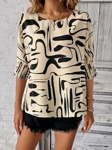 SHEIN Clasi 滿版印花抽褶細節襯衫 - 杏色 - 查看 5