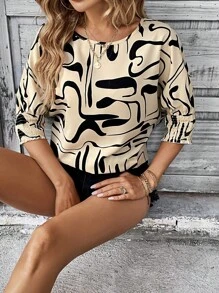 SHEIN Clasi 滿版印花抽褶細節襯衫 - 杏色 - 查看 6