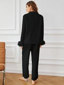 Fuzzy Cuff Pocket Patched PJ Set / Pajama Set - Black - View 2