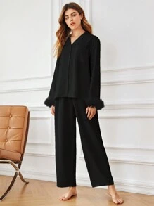 Fuzzy Cuff Pocket Patched PJ Set / Pajama Set - Black - View 4