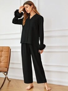Fuzzy Cuff Pocket Patched PJ Set / Pajama Set - Black - View 5