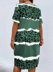 SHEIN LUNE 大尺碼豹紋v領連衣裙 - 墨綠色 - 查看 2
