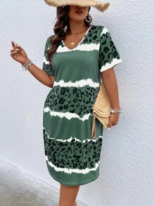 SHEIN LUNE 大尺碼豹紋v領連衣裙 - 墨綠色 - 查看 3