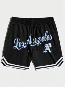 Street Life Guys Letter Graphic Striped Trim Drawstring Waist Shorts - Black - View 1
