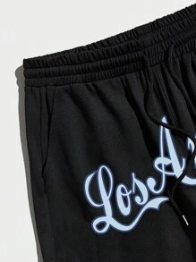Street Life Guys Letter Graphic Striped Trim Drawstring Waist Shorts - Black - View 4