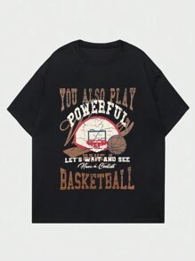 ROMWE MEN Prep Hombres Camiseta con estampado de letra - Negro - Ver 1