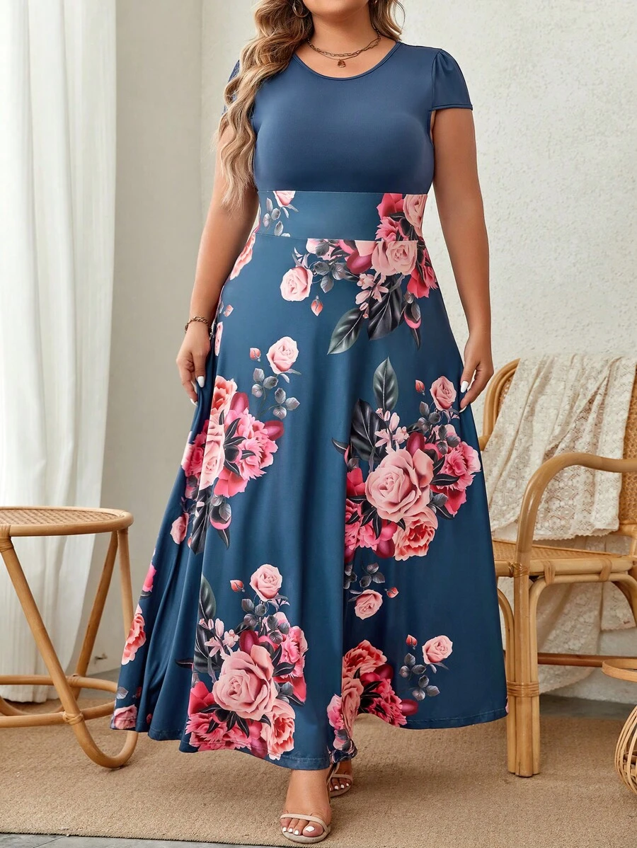 SHEIN LUNE Đầm Plus Size Hoa Giải trí - Màu xanh lam - Xem 1