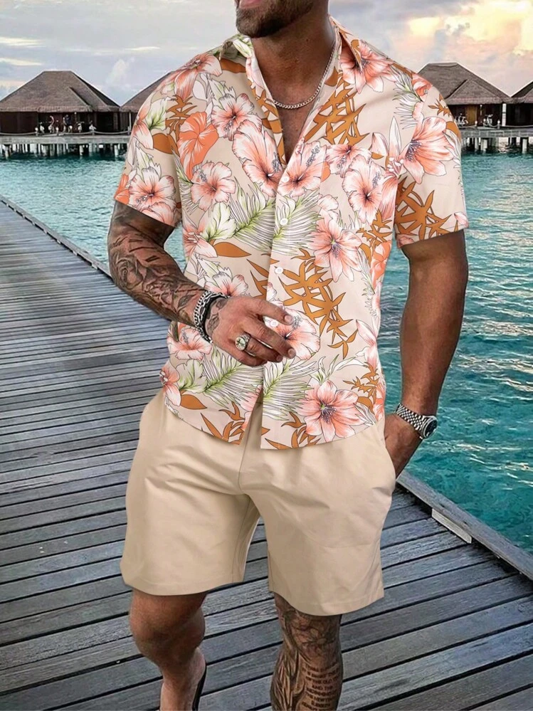 Set di 2 pezzi, da uomo, estivo, a maniche corte, da spiaggia, per il tempo libero, con bottoni e pantaloni corti, per lo sport, casual, da casa, cachi, XXL