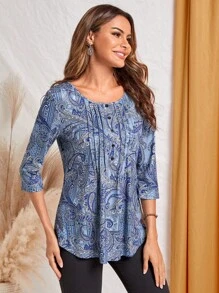 EMERY ROSE Women's Casual Paisley Print 3/4 Sleeve Going Out Tops