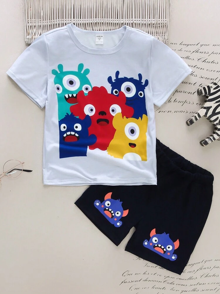 Young Boy Cartoon Graphic Tee & Shorts