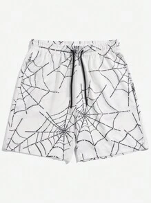 ROMWE MEN Goth Guys Spider Web Print Drawstring Waist Shorts - White - View 1