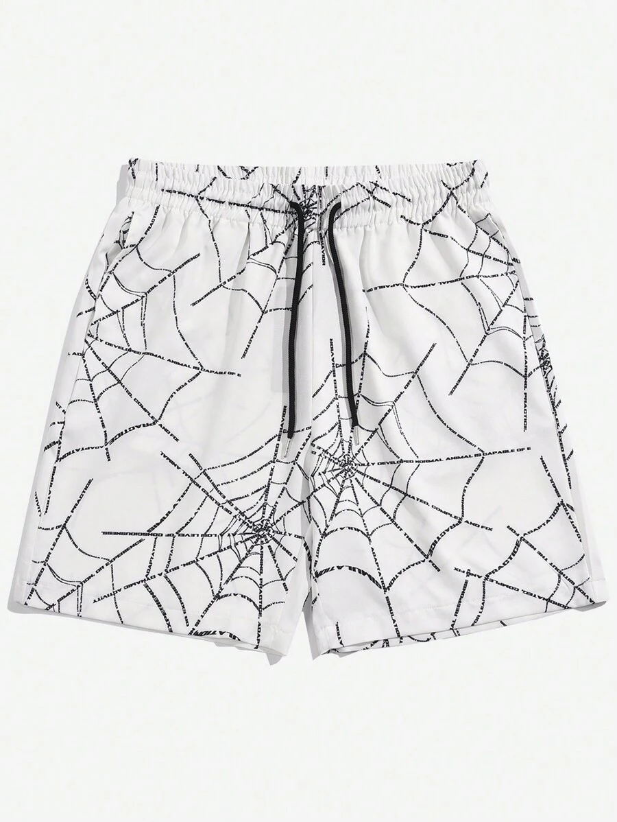 ROMWE MEN Goth Guys Spider Web Print Drawstring Waist Shorts - White - View 1