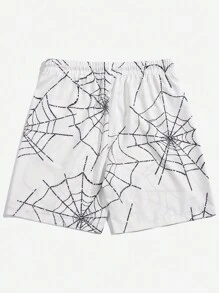 ROMWE MEN Goth Guys Spider Web Print Drawstring Waist Shorts - White - View 2