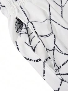 ROMWE MEN Goth Guys Spider Web Print Drawstring Waist Shorts - White - View 3