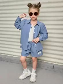 SHEIN 少女寬鬆2件套梭織長袖襯衫裝飾鈕扣衣領鬆緊腰短褲 - 藍色 - 查看 1