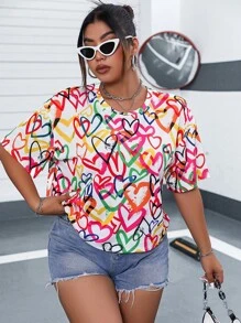 Flirla Plus Heart Print Drop Shoulder Tee
