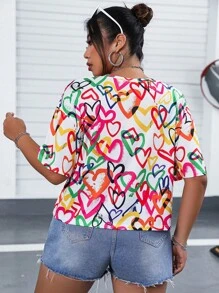 Flirla Plus Heart Print Drop Shoulder Tee