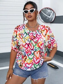 Flirla Plus Heart Print Drop Shoulder Tee