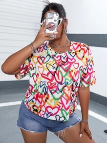 Flirla Plus Heart Print Drop Shoulder Tee
