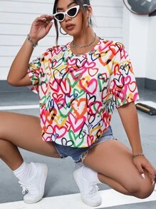 Flirla Plus Heart Print Drop Shoulder Tee