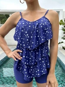 SHEIN Swim Tankini de estampado de estrellas con volantes en el bajo para playa de verano - Azul - Ver 5