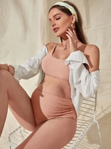 SHEIN Maternity Solid High Waisted Bikini Set Summer Beach - Dusty Pink - View 1