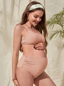 SHEIN Maternity Solid High Waisted Bikini Set Summer Beach - Dusty Pink - View 5
