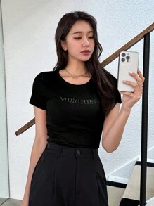 DAZY Letter Graphic Ribbed Knit Tee,Crop Tops Women - Black - View 1