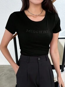 DAZY Letter Graphic Ribbed Knit Tee,Crop Tops Women - Black - View 2