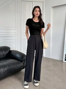 DAZY Letter Graphic Ribbed Knit Tee,Crop Tops Women - Black - View 4