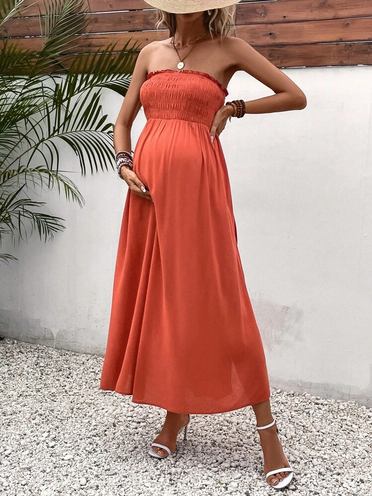 SHEIN Maternity Knot Shoulder Removable Strap Split Thigh Cami Dress - Orange - View 3