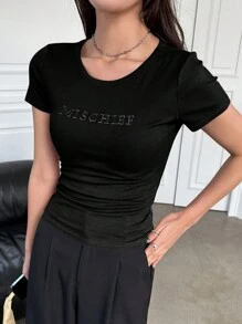 DAZY Letter Graphic Ribbed Knit Tee,Crop Tops Women - Black - View 6