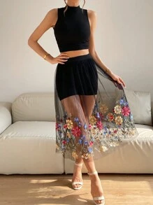 Breezaya 小高領背心上衣和花卉刺繡網紗覆蓋半身裙 - 黑色 - 查看 7