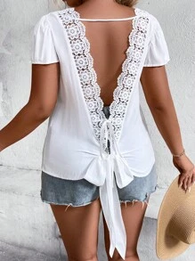 SHEIN Holidaya Plus Contrast Guipure Lace Tie Backless Blouse - White - View 1
