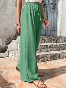 SHEIN VCAY 紙袋腰闊腿褲 - 綠色 - 查看 3