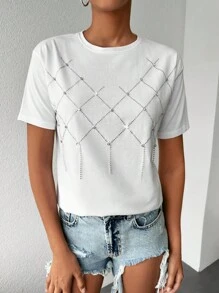 Cottnline Rhinestone Detail Tee - trắng - Xem 1
