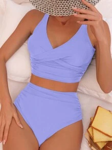Swim Basics Summer Beach Plain Ruched High Waisted Bikini - Lilac Purple - View 1