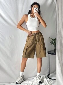 Muchica 側翻蓋口袋腰部抽繩工裝短褲 - 棕色 - 查看 2