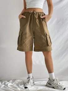 Muchica 側翻蓋口袋腰部抽繩工裝短褲 - 棕色 - 查看 1
