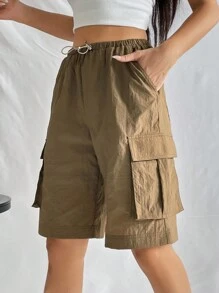 Muchica 側翻蓋口袋腰部抽繩工裝短褲 - 棕色 - 查看 4
